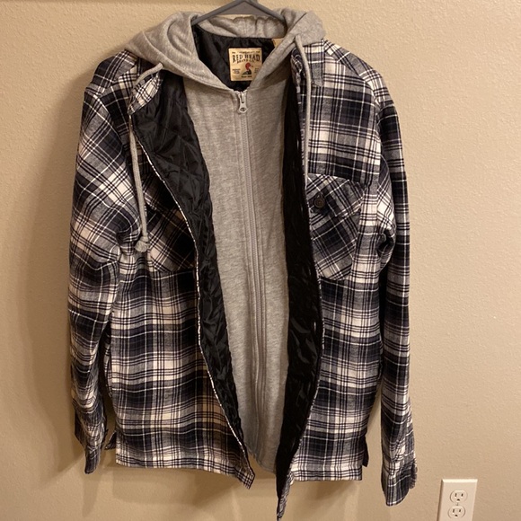 Redhead Brand Co. Black and white plaid flannel with inner zip up hoodie - Picture 2 of 4